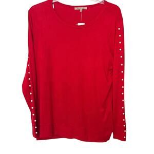 MY DANIELLE LONG SLV PULL-OVER ROUND NECK TOP, WOMENS, XXL, RED - WHITE PEARLS